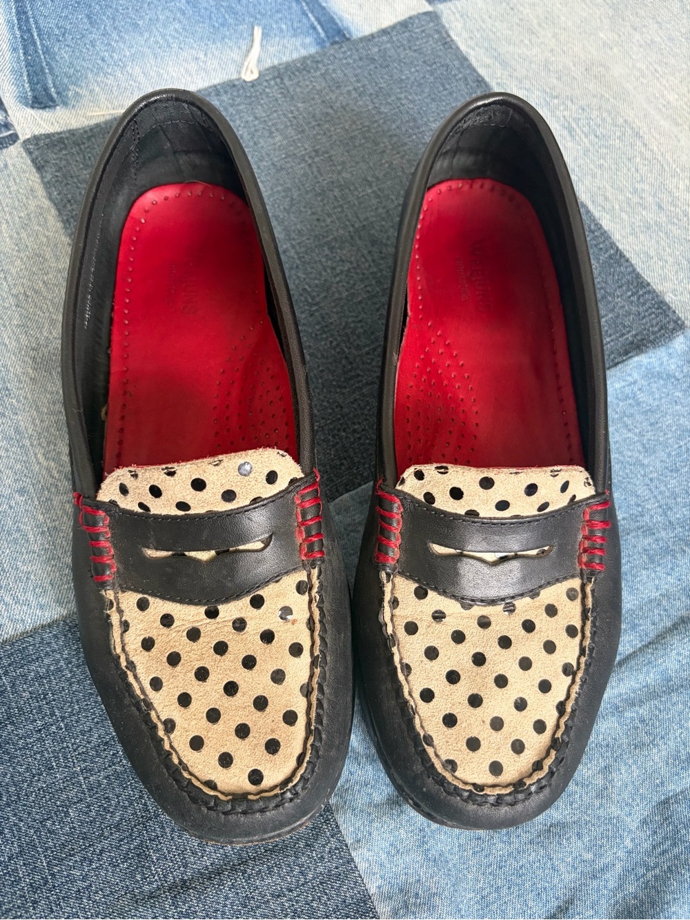 GH Bass Weejuns Loafers Women's Size 7.5 Black Cream Red Polka Dot Penny Shoes